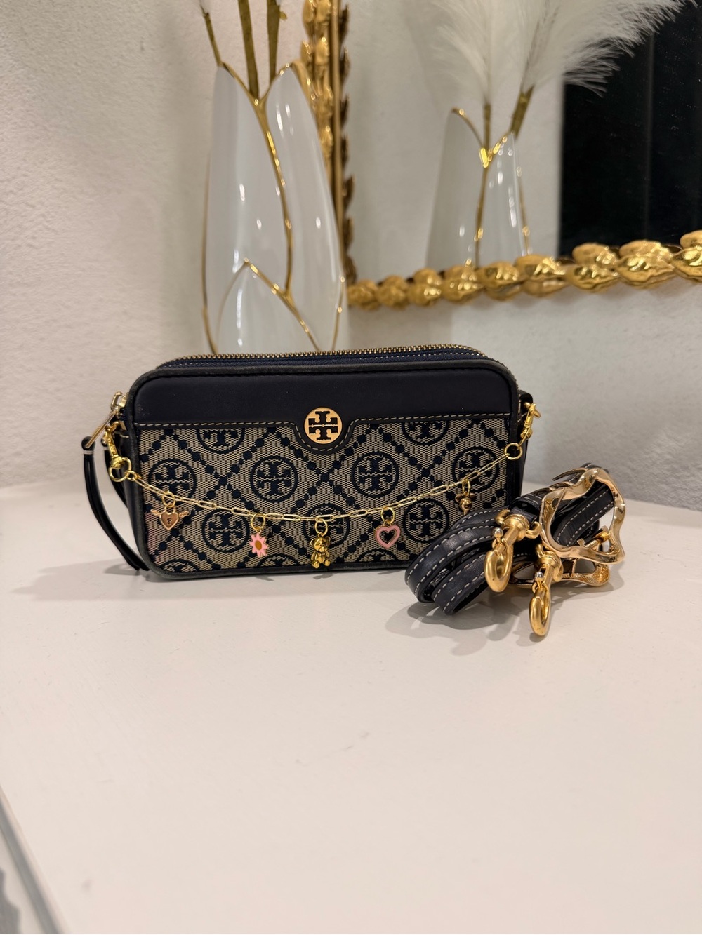 Tory Burch Black and Beige Logo Charm Crossbody Camera Bag